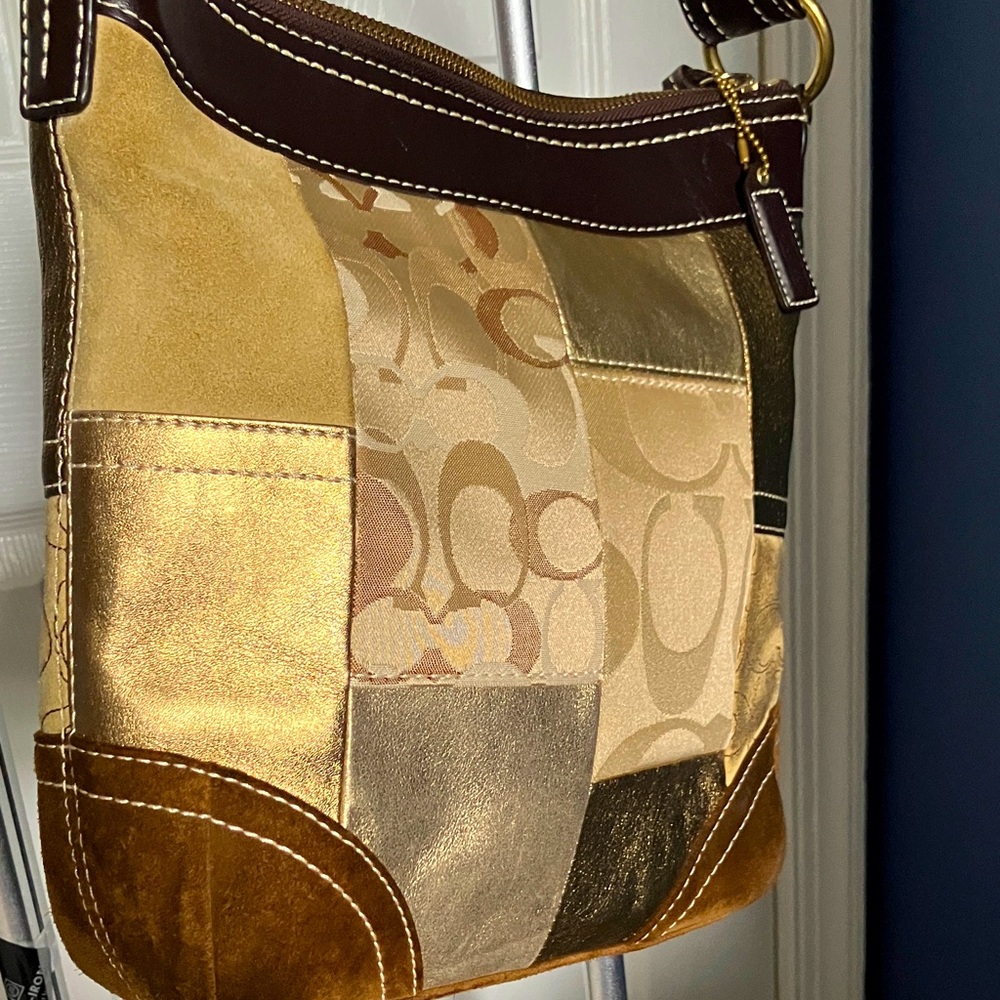 Coach Vintage F10387 Patchwork Signature Suede Leather Shoulder Handbag Gold